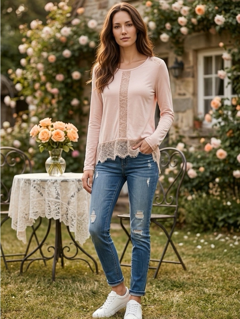 BCBG Max Azria Long Sleeve Elegant Lace Trim Pale Pink Top